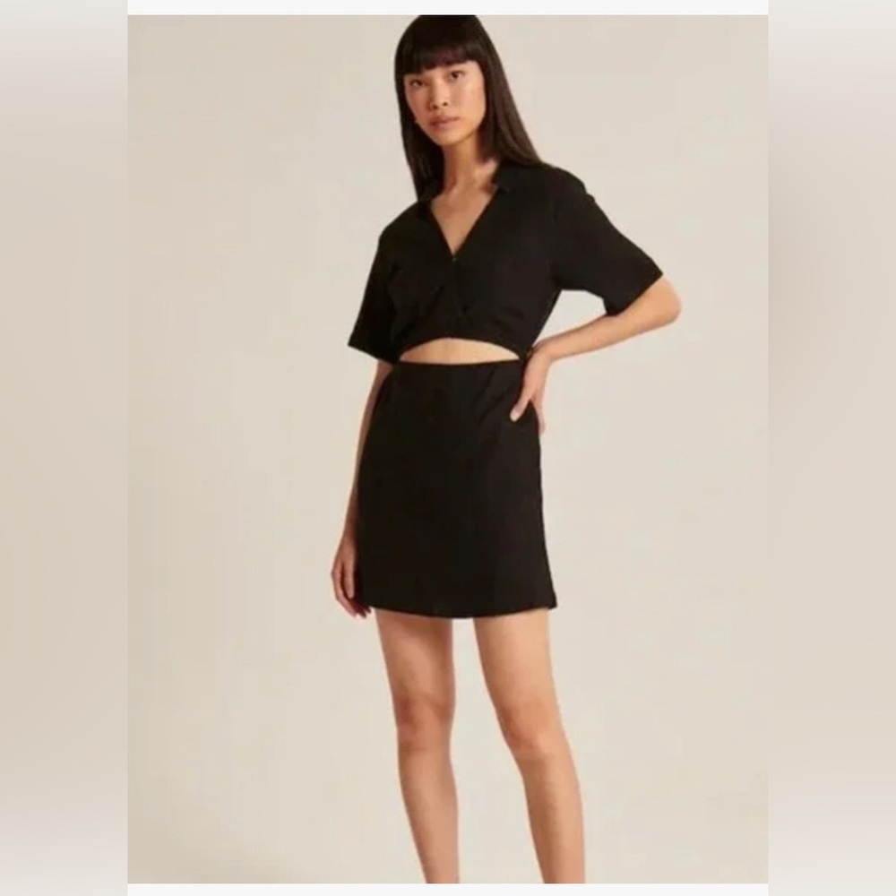 Abercrombie & Fitch black Linen Blend Cut-Out Mini wrap Shirt Dress size XS